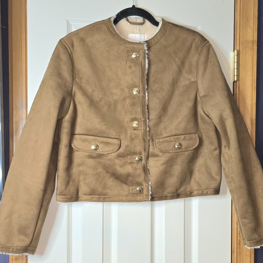 Women's S H&M Brown Teddy Jacket with Gold Buttons Chic Faux Suede